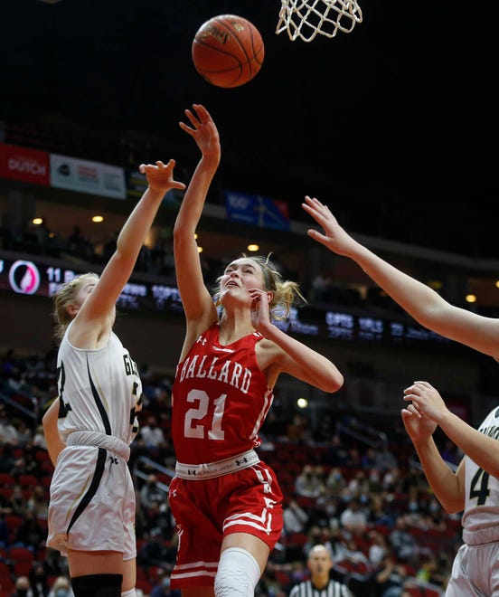 Ballard senior center Cassidy Thompson dives to the basket in the third quarter against Glenwood on Saturday, March 6, 2021, during the Iowa high school girls state basketball tournament Class 4A finals at Wells Fargo Arena in Des Moines.