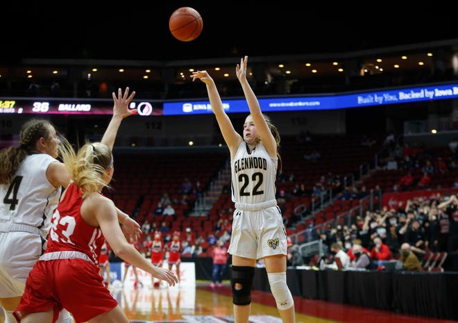 Glenwood junior Madison Camden fires a shot in the fourth quarter against Ballard on Saturday, March 6, 2021, during the Iowa high school girls state basketball tournament Class 4A finals at Wells Fargo Arena in Des Moines.