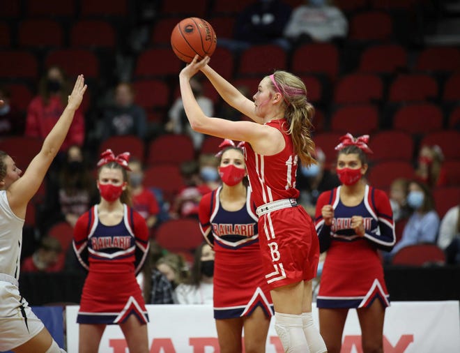 Ballard junior forward Meg Rietz shoots a field goal in the fourth quarter against Glenwood on Saturday, March 6, 2021, during the Iowa high school girls state basketball tournament Class 4A finals at Wells Fargo Arena in Des Moines.