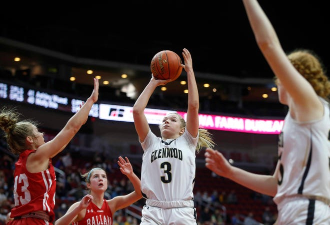 Glenwood sophomore Jenna Hopp puts up a shot in the third quarter against Ballard on Saturday, March 6, 2021, during the Iowa high school girls state basketball tournament Class 4A finals at Wells Fargo Arena in Des Moines.