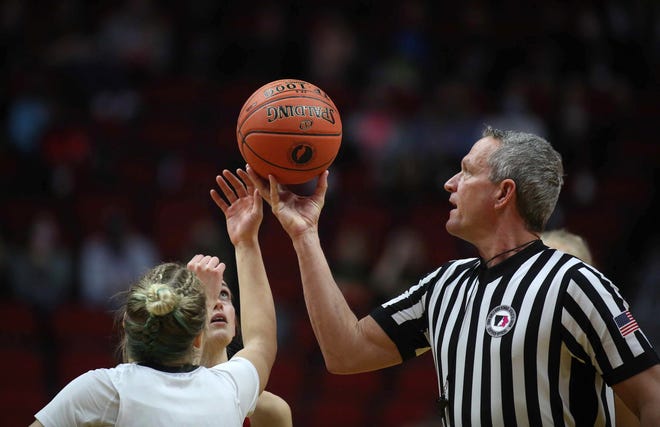 Ballard and Glenwood prepare for the tip on Saturday, March 6, 2021, during the Iowa high school girls state basketball tournament Class 4A finals at Wells Fargo Arena in Des Moines.