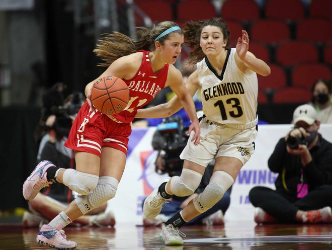 Ballard junior Brooke Loewe drives the ball to the basket as Glenwood's Abby Hughes covers her in the third third quarter on Saturday, March 6, 2021, during the Iowa high school girls state basketball tournament Class 4A finals at Wells Fargo Arena in Des Moines.
