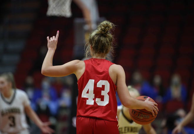 Ballard senior guard Molly Ihle calls a play in the third quarter against Glenwood as she brings the ball up court on Saturday, March 6, 2021, during the Iowa high school girls state basketball tournament Class 4A finals at Wells Fargo Arena in Des Moines.