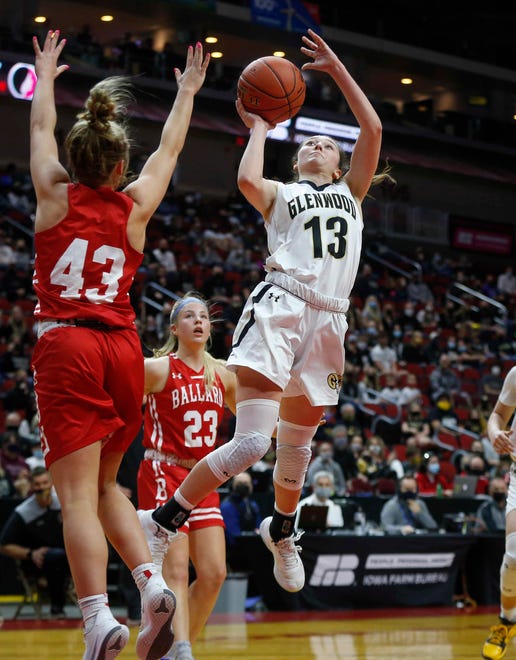 Glenwood junior Abby Hughes lays up a shot in the fourth quarter against Ballard on Saturday, March 6, 2021, during the Iowa high school girls state basketball tournament Class 4A finals at Wells Fargo Arena in Des Moines.