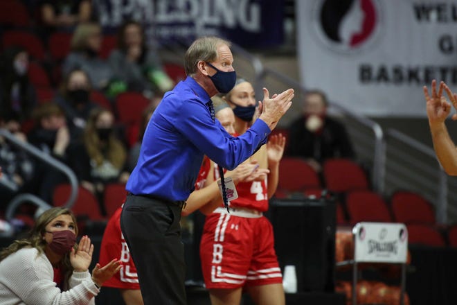 Ballard girls basketball head coach Kelly Anderson applauds an offensive play in the third quarter against Glenwood on Saturday, March 6, 2021, during the Iowa high school girls state basketball tournament Class 4A finals at Wells Fargo Arena in Des Moines.