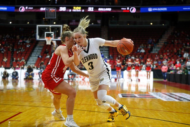 Glenwood sophomore Jenna Hopp drives to the basket in the third quarter against Ballard on Saturday, March 6, 2021, during the Iowa high school girls state basketball tournament Class 4A finals at Wells Fargo Arena in Des Moines.