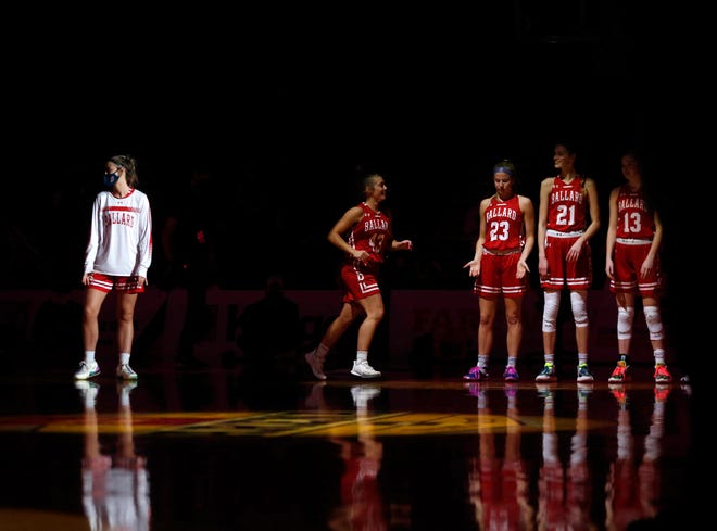 Members of the Ballard girls basketball team are introduced prior to the start of their game against Glenwood on Saturday, March 6, 2021, during the Iowa high school girls state basketball tournament Class 4A finals at Wells Fargo Arena in Des Moines.